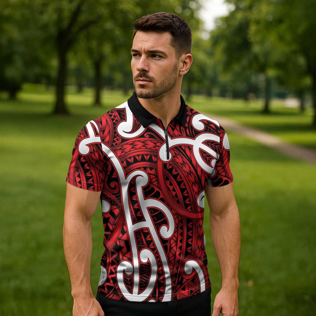 Aotearoa Maori Kowhaiwhai Zipper Polo Shirt Whero Puhoro and Patiki LT9 - Polynesian Pride