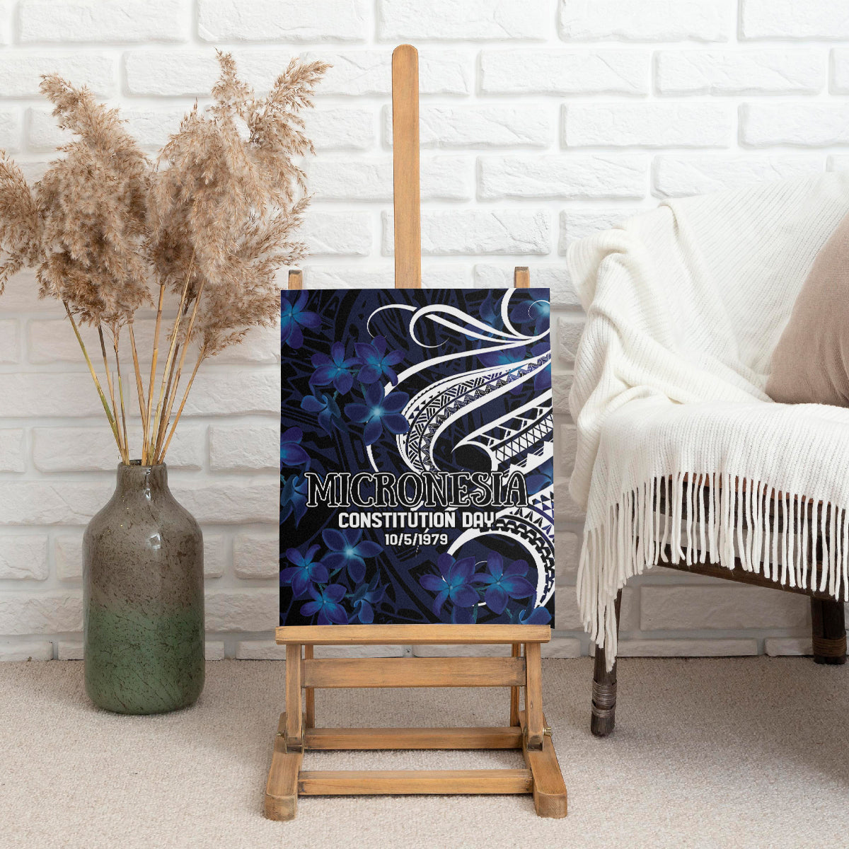 Micronesia Constitution Day Canvas Wall Art Since 1979 with Polynesian Hibiscus Pattern