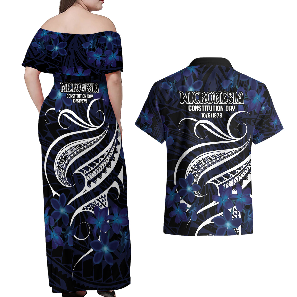 Micronesia Constitution Day Couples Matching Off Shoulder Maxi Dress and Hawaiian Shirt Since 1979 with Polynesian Hibiscus Pattern
