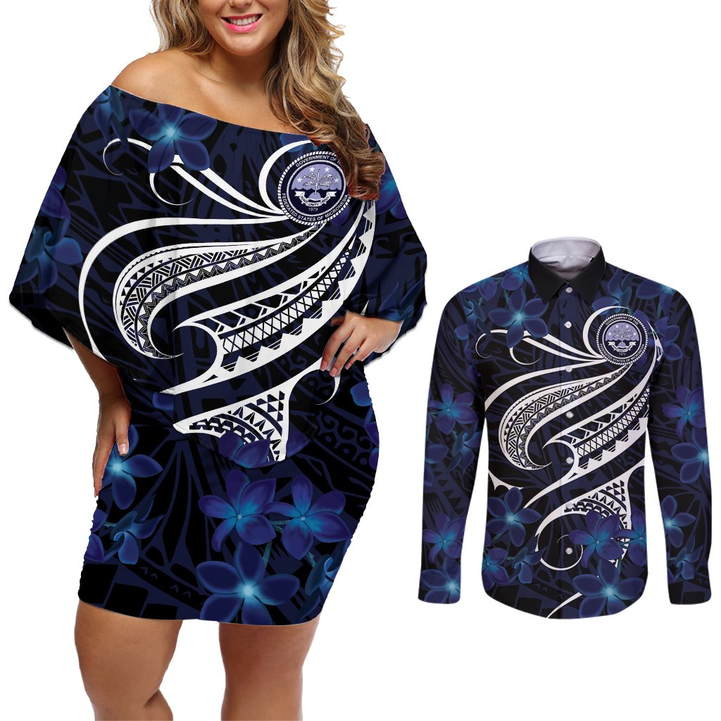 Micronesia Constitution Day Couples Matching Off Shoulder Short Dress and Long Sleeve Button Shirt Since 1979 with Polynesian Hibiscus Pattern