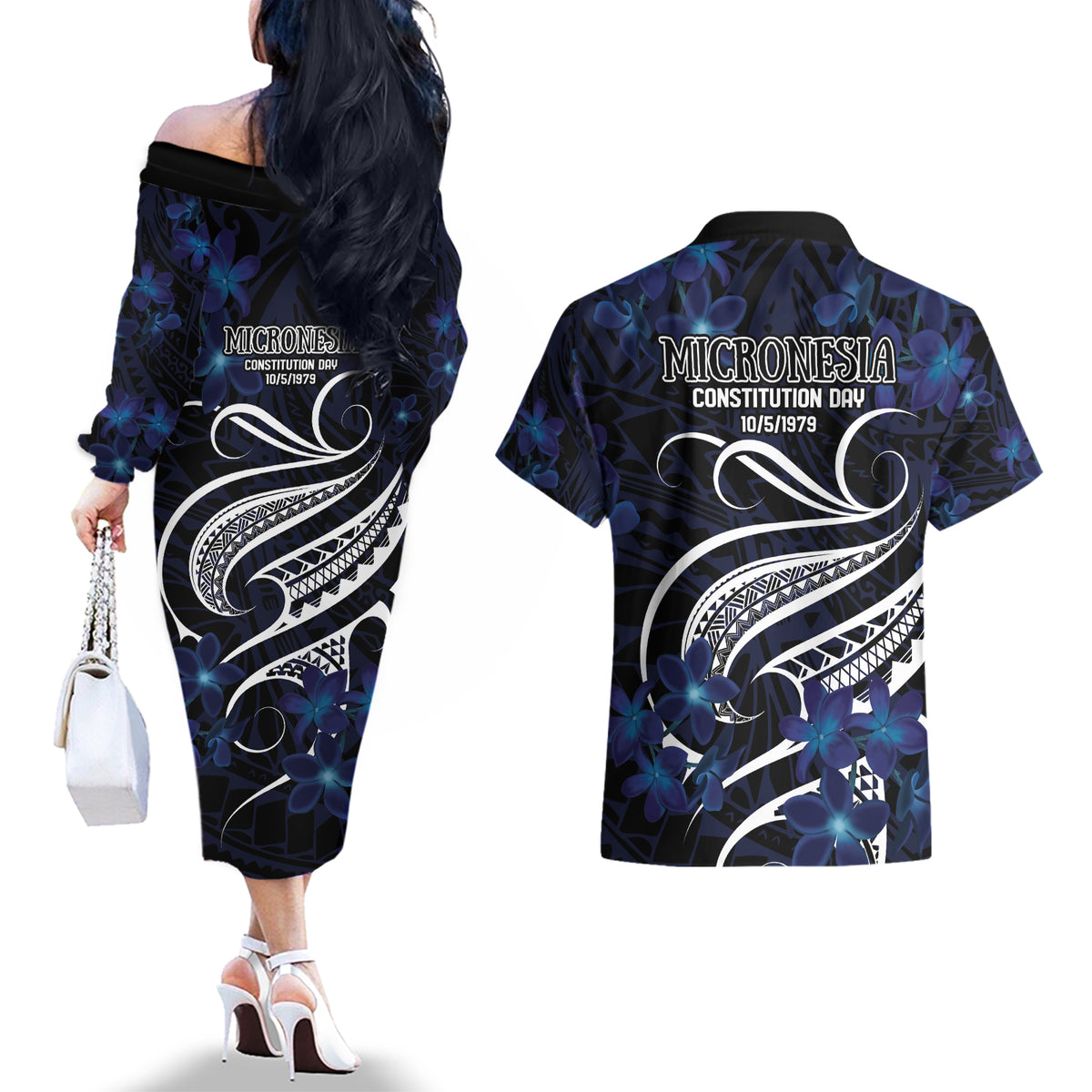 Micronesia Constitution Day Couples Matching Off The Shoulder Long Sleeve Dress and Hawaiian Shirt Since 1979 with Polynesian Hibiscus Pattern
