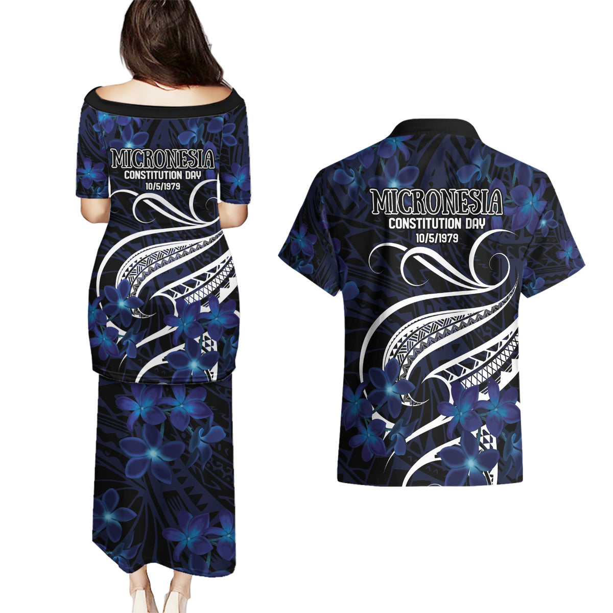 Micronesia Constitution Day Couples Matching Puletasi and Hawaiian Shirt Since 1979 with Polynesian Hibiscus Pattern