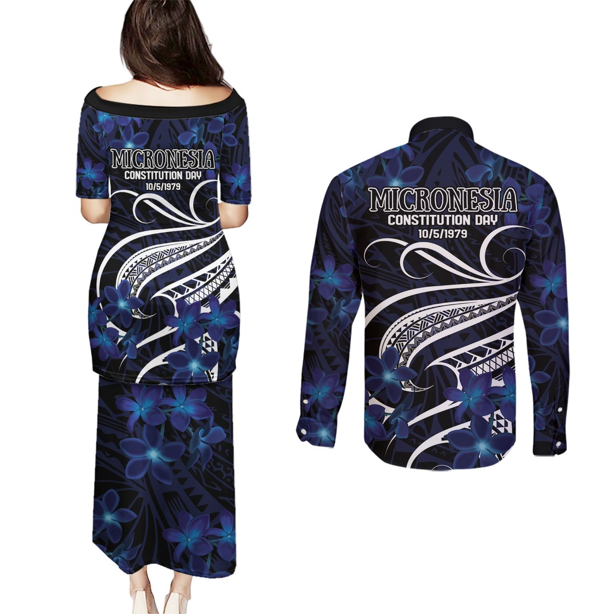 Micronesia Constitution Day Couples Matching Puletasi and Long Sleeve Button Shirt Since 1979 with Polynesian Hibiscus Pattern LT9 - Polynesian Pride