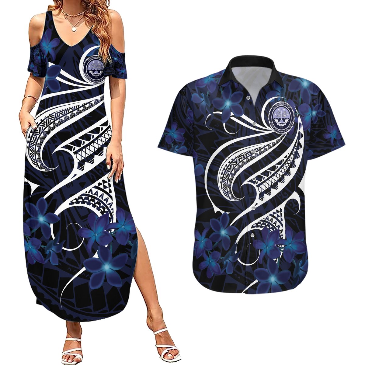 Micronesia Constitution Day Couples Matching Summer Maxi Dress and Hawaiian Shirt Since 1979 with Polynesian Hibiscus Pattern
