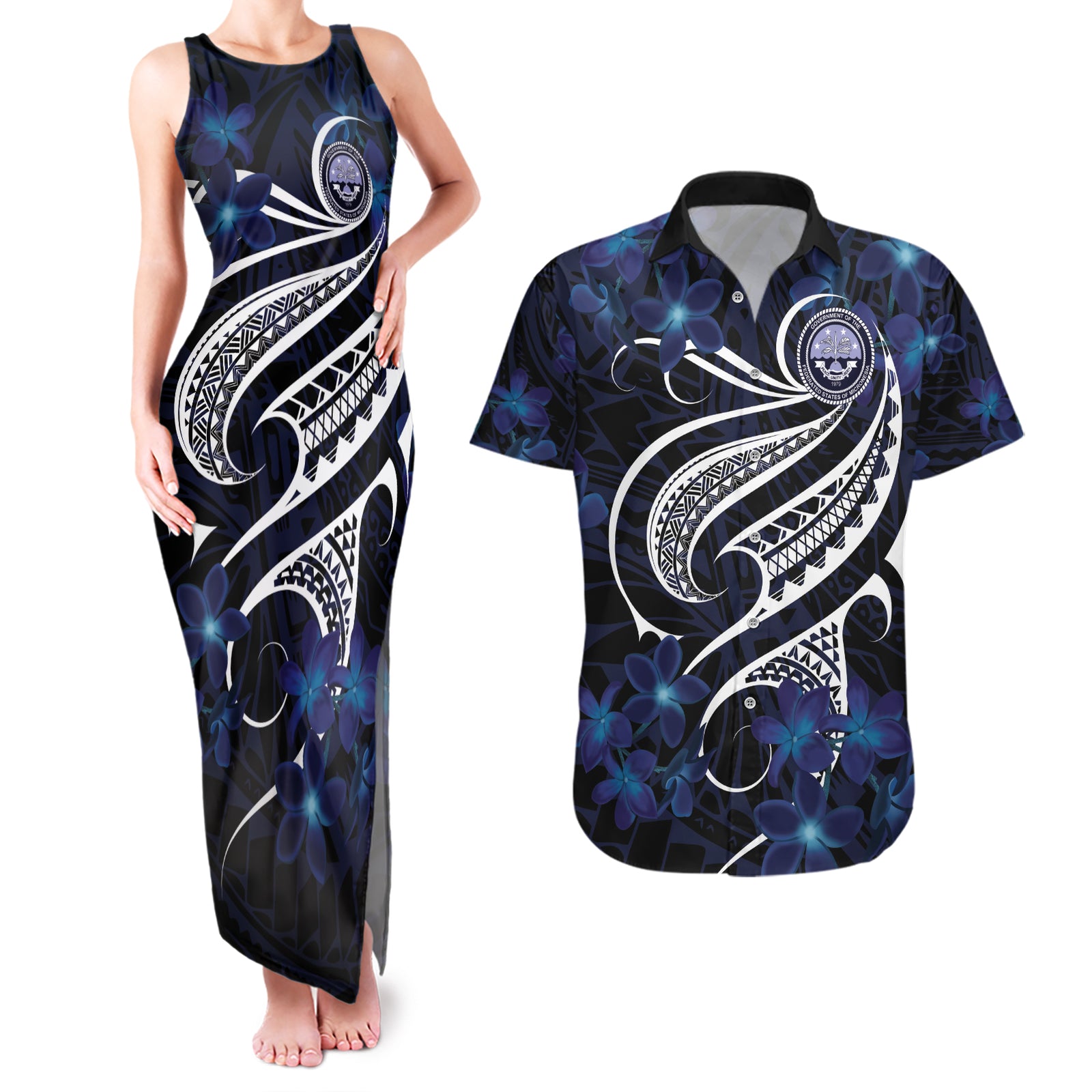 Micronesia Constitution Day Couples Matching Tank Maxi Dress and Hawaiian Shirt Since 1979 with Polynesian Hibiscus Pattern