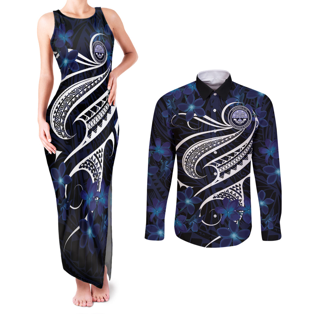 Micronesia Constitution Day Couples Matching Tank Maxi Dress and Long Sleeve Button Shirt Since 1979 with Polynesian Hibiscus Pattern