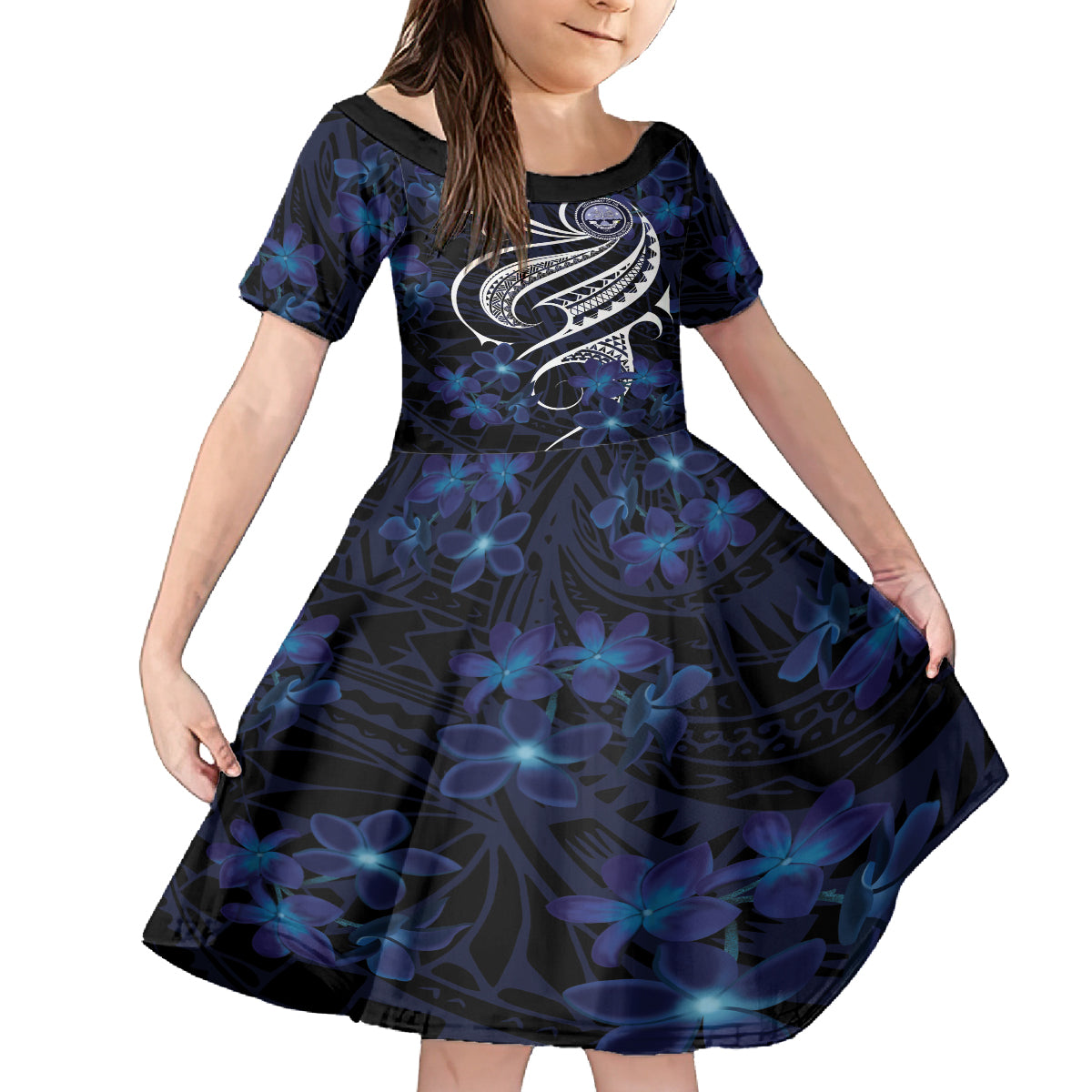 Micronesia Constitution Day Family Matching Off The Shoulder Long Sleeve Dress and Hawaiian Shirt Since 1979 with Polynesian Hibiscus Pattern LT9 Daughter's Dress Blue - Polynesian Pride