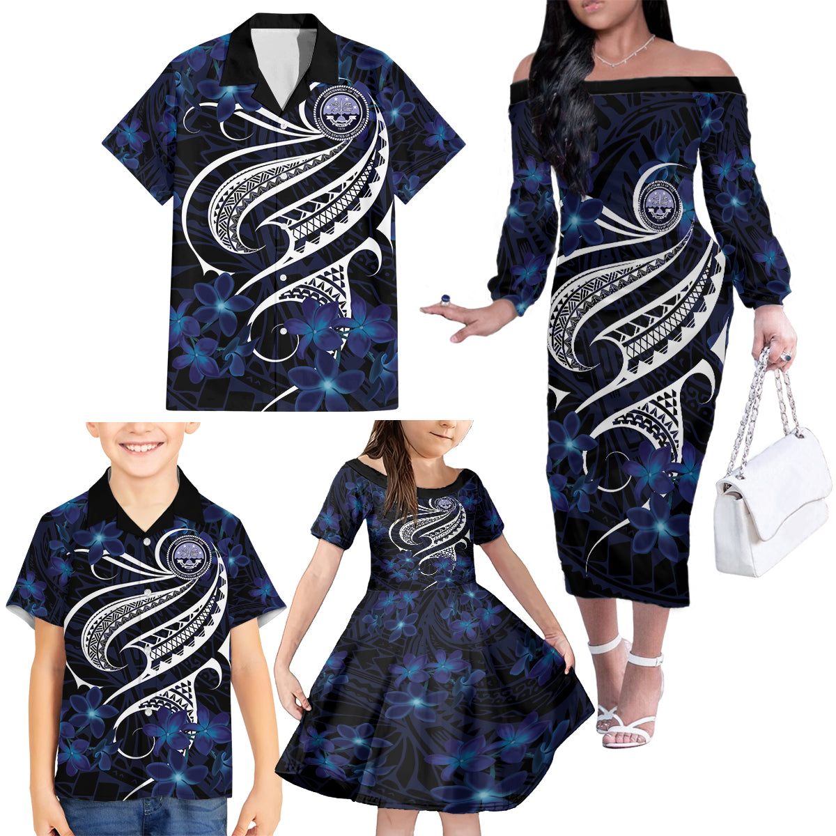 Micronesia Constitution Day Family Matching Off The Shoulder Long Sleeve Dress and Hawaiian Shirt Since 1979 with Polynesian Hibiscus Pattern LT9 - Polynesian Pride