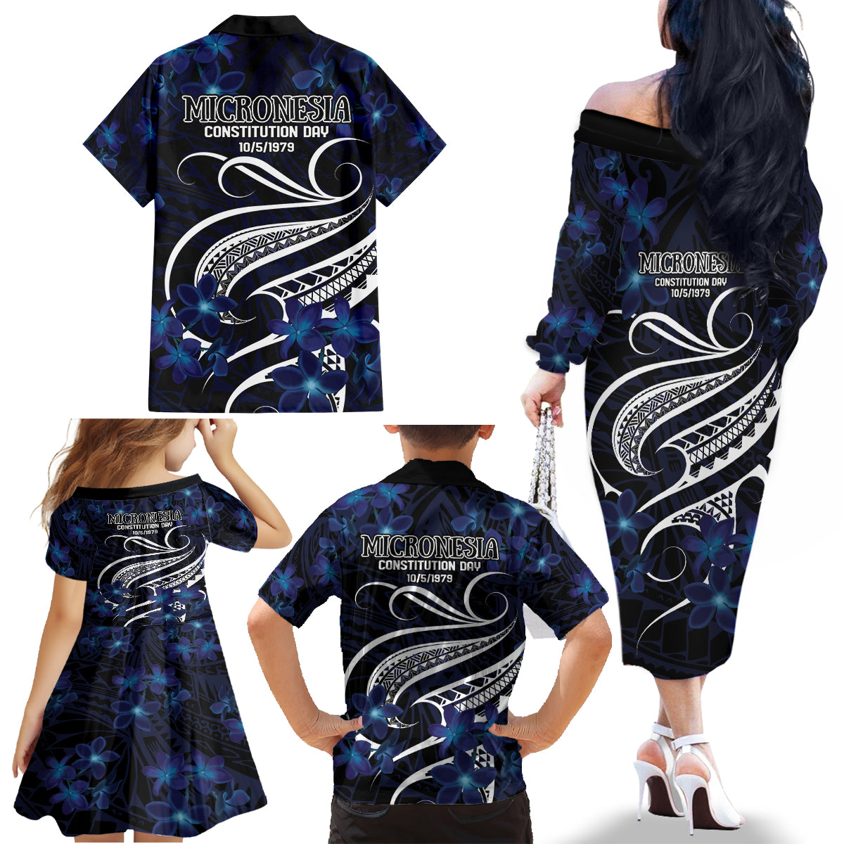Micronesia Constitution Day Family Matching Off The Shoulder Long Sleeve Dress and Hawaiian Shirt Since 1979 with Polynesian Hibiscus Pattern LT9 - Polynesian Pride