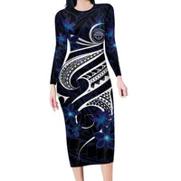 Micronesia Constitution Day Long Sleeve Bodycon Dress Since 1979 with Polynesian Hibiscus Pattern LT9 Long Dress Blue - Polynesian Pride