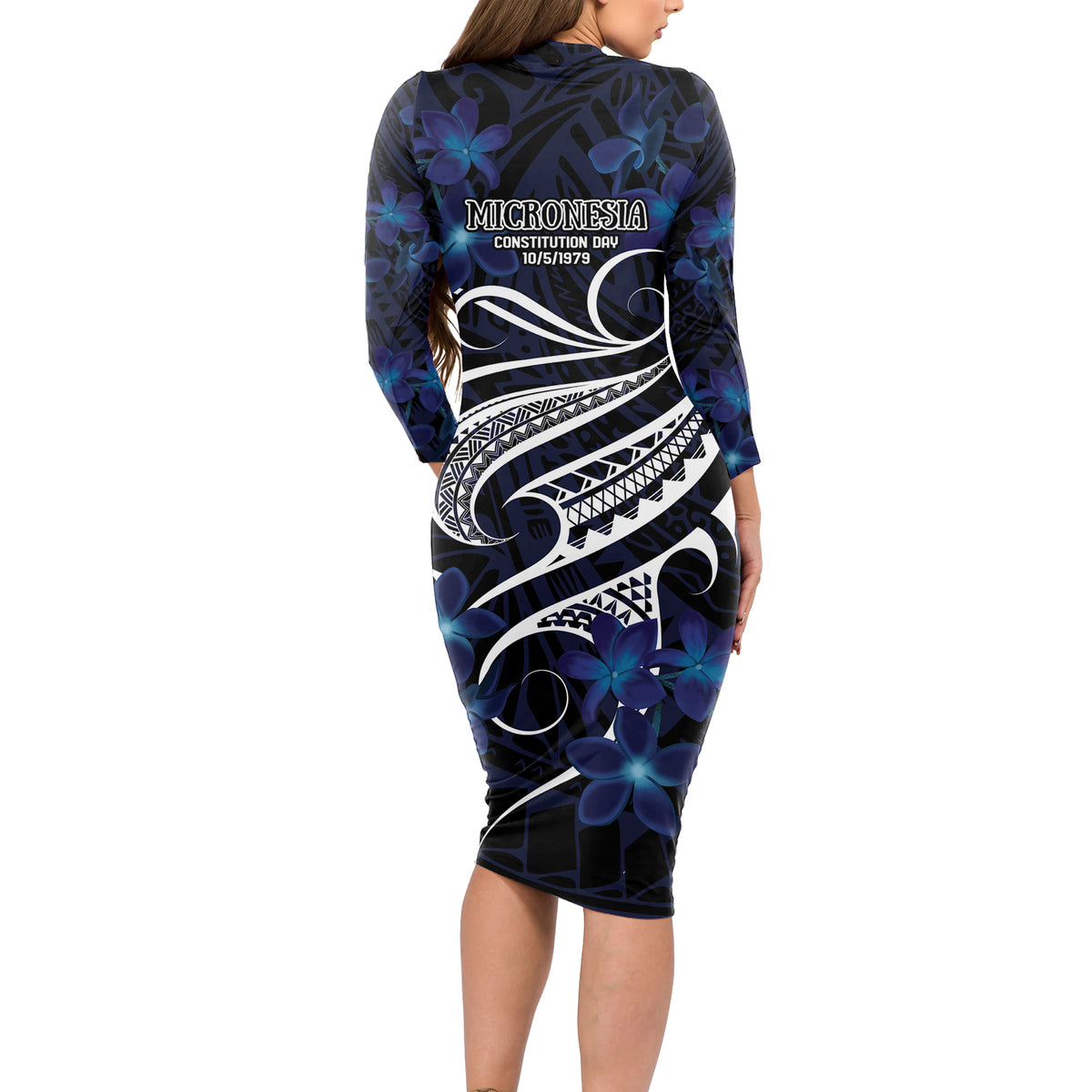 Micronesia Constitution Day Long Sleeve Bodycon Dress Since 1979 with Polynesian Hibiscus Pattern LT9 - Polynesian Pride