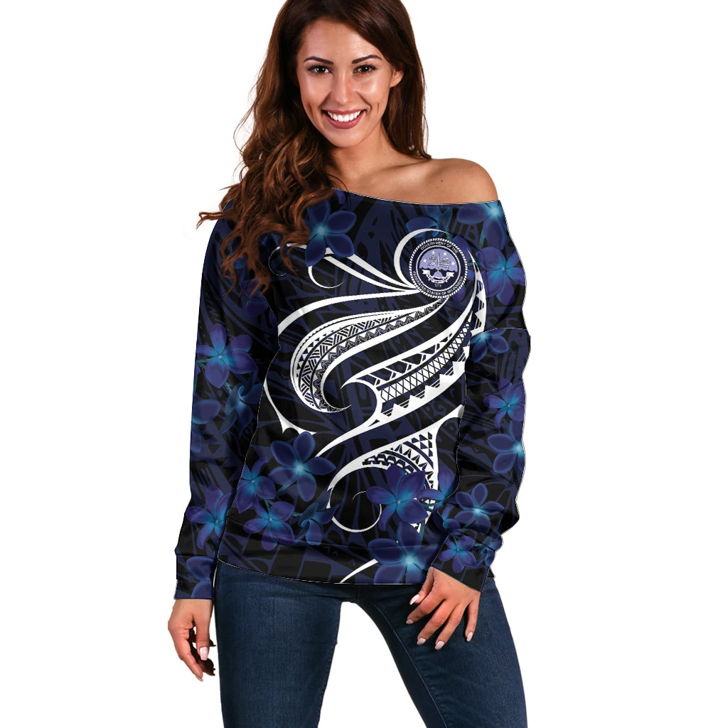 Micronesia Constitution Day Off Shoulder Sweater Since 1979 with Polynesian Hibiscus Pattern LT9 Women Blue - Polynesian Pride
