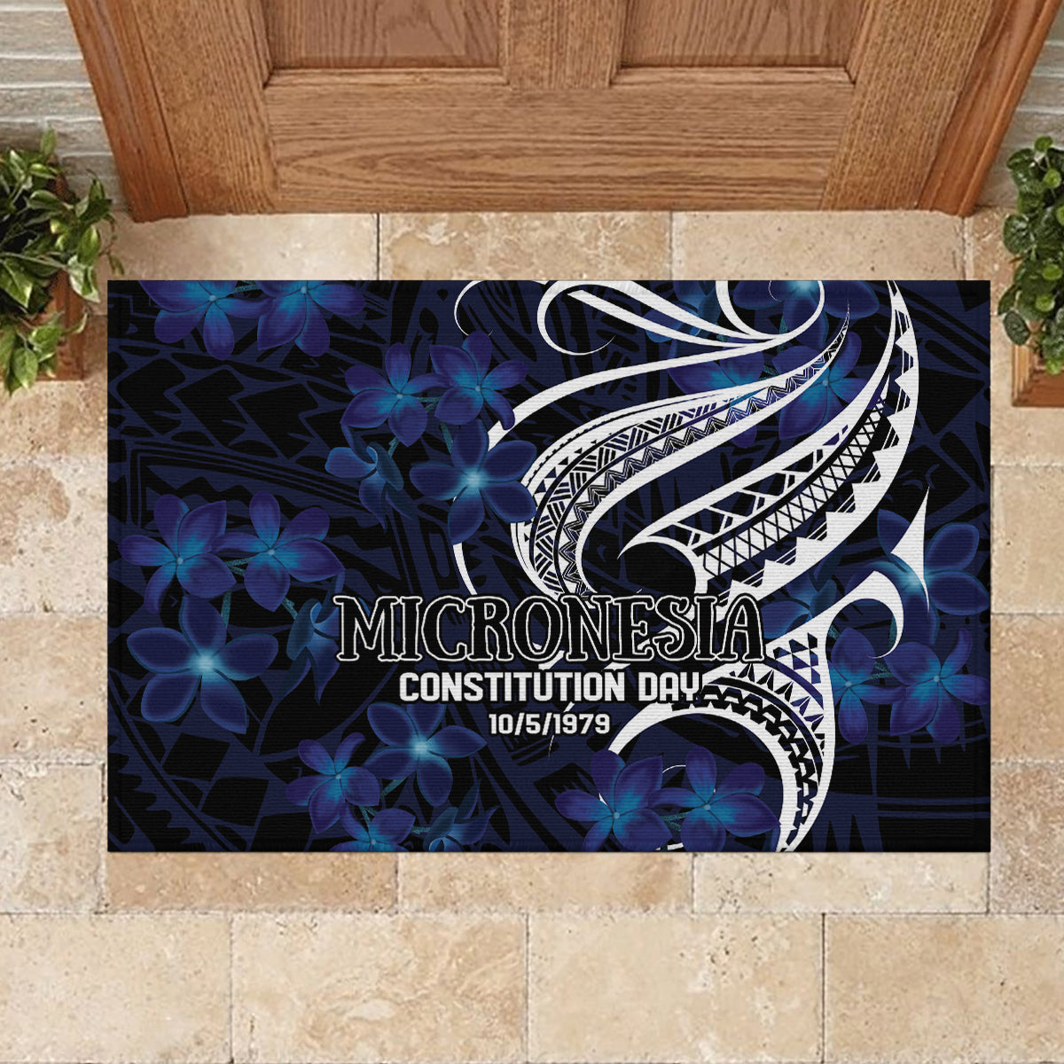 Micronesia Constitution Day Rubber Doormat Since 1979 with Polynesian Hibiscus Pattern