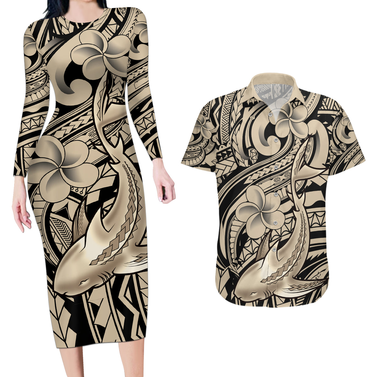 Polynesian Shark Tribal Tattoo Couples Matching Long Sleeve Bodycon Dress and Hawaiian Shirt Beige Style LT9 Beige - Polynesian Pride