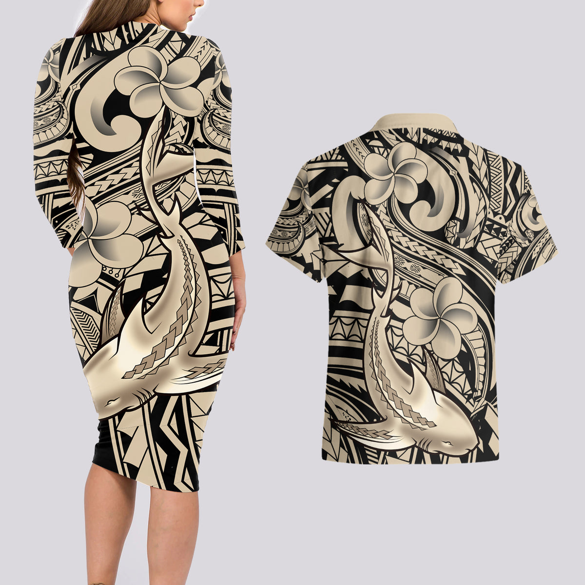 Polynesian Shark Tribal Tattoo Couples Matching Long Sleeve Bodycon Dress and Hawaiian Shirt Beige Style LT9 - Polynesian Pride