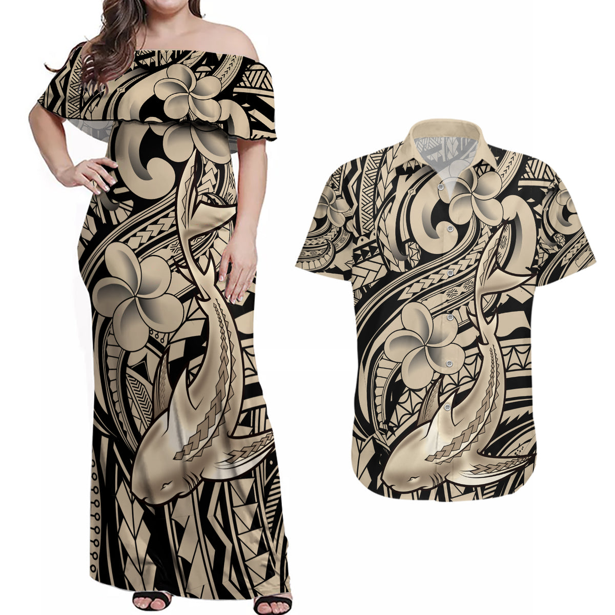 Polynesian Shark Tribal Tattoo Couples Matching Off Shoulder Maxi Dress and Hawaiian Shirt Beige Style LT9 Beige - Polynesian Pride