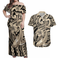 Polynesian Shark Tribal Tattoo Couples Matching Off Shoulder Maxi Dress and Hawaiian Shirt Beige Style LT9 Beige - Polynesian Pride