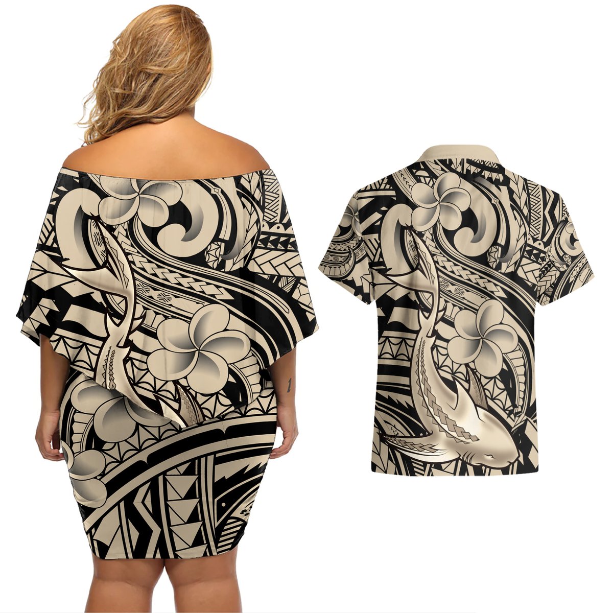 Polynesian Shark Tribal Tattoo Couples Matching Off Shoulder Short Dress and Hawaiian Shirt Beige Style LT9 - Polynesian Pride
