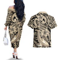 Polynesian Shark Tribal Tattoo Couples Matching Off The Shoulder Long Sleeve Dress and Hawaiian Shirt Beige Style LT9 - Polynesian Pride