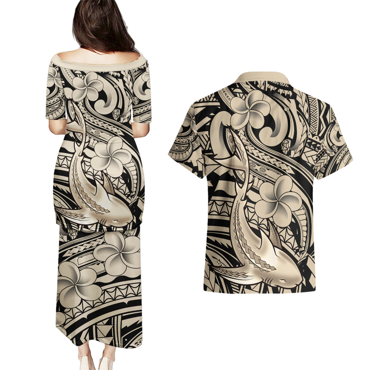 Polynesian Shark Tribal Tattoo Couples Matching Puletasi and Hawaiian Shirt Beige Style
