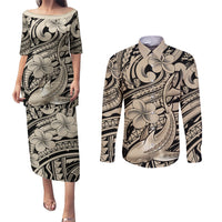 Polynesian Shark Tribal Tattoo Couples Matching Puletasi and Long Sleeve Button Shirt Beige Style