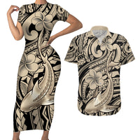 Polynesian Shark Tribal Tattoo Couples Matching Short Sleeve Bodycon Dress and Hawaiian Shirt Beige Style LT9 Beige - Polynesian Pride