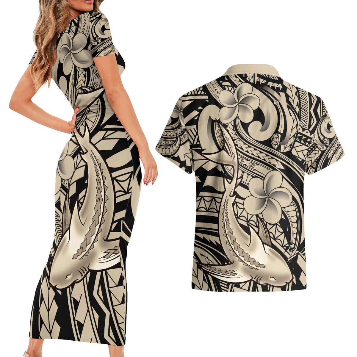 Polynesian Shark Tribal Tattoo Couples Matching Short Sleeve Bodycon Dress and Hawaiian Shirt Beige Style LT9 - Polynesian Pride