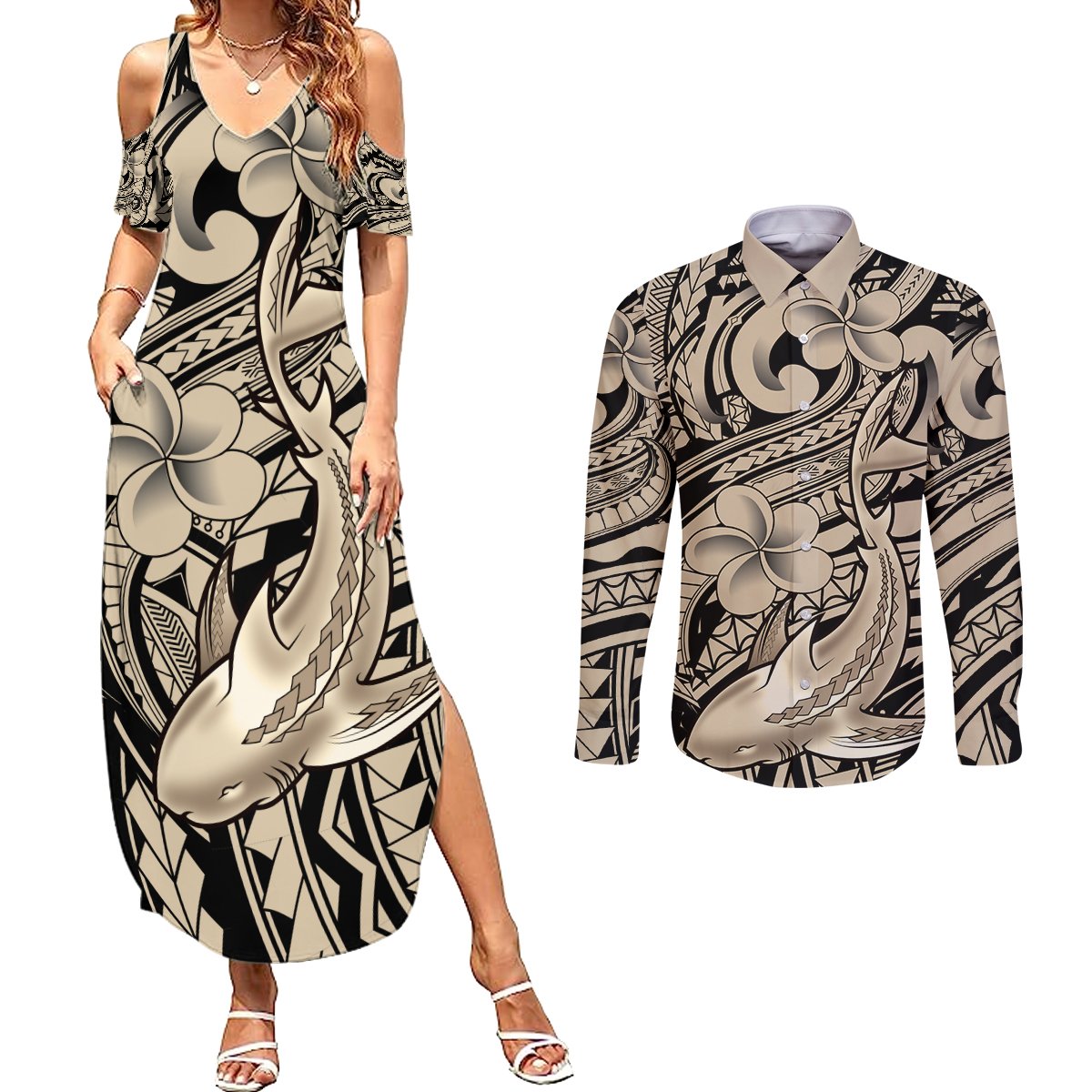 Polynesian Shark Tribal Tattoo Couples Matching Summer Maxi Dress and Long Sleeve Button Shirt Beige Style