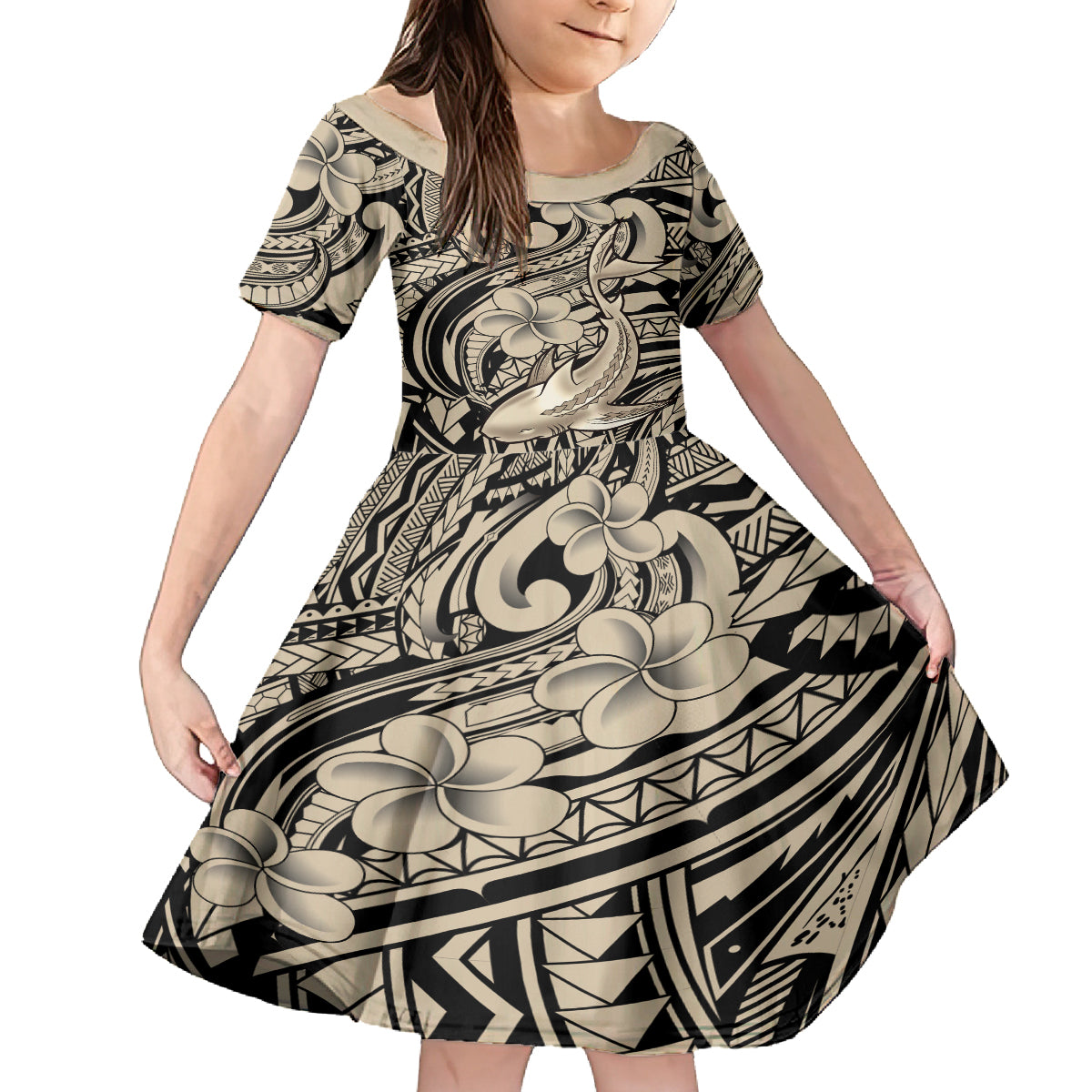 Polynesian Shark Tribal Tattoo Family Matching Long Sleeve Bodycon Dress and Hawaiian Shirt Beige Style LT9 Daughter's Dress Beige - Polynesian Pride