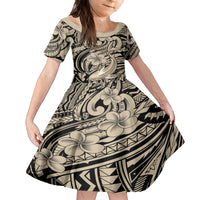 Polynesian Shark Tribal Tattoo Family Matching Long Sleeve Bodycon Dress and Hawaiian Shirt Beige Style LT9 Daughter's Dress Beige - Polynesian Pride