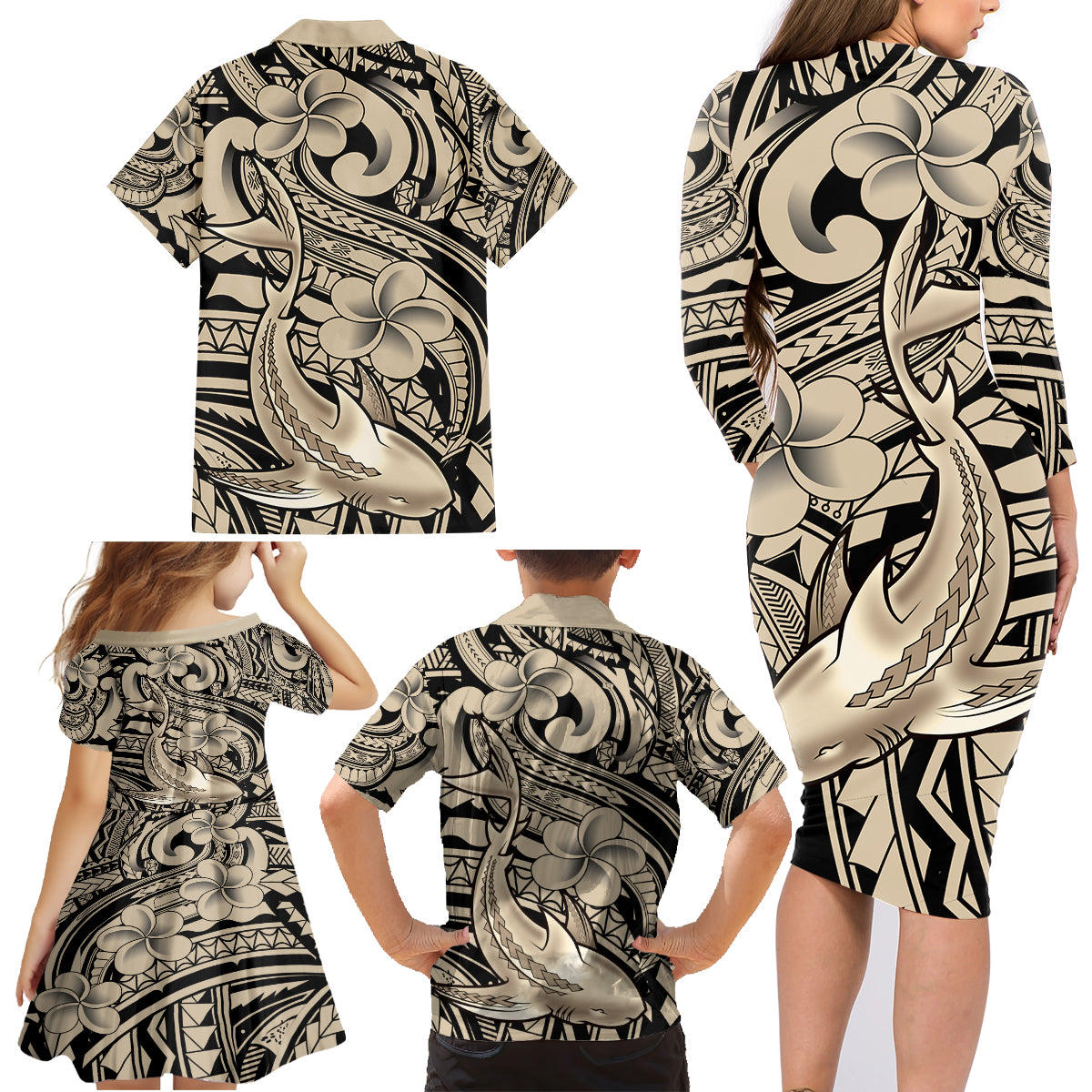 Polynesian Shark Tribal Tattoo Family Matching Long Sleeve Bodycon Dress and Hawaiian Shirt Beige Style LT9 - Polynesian Pride