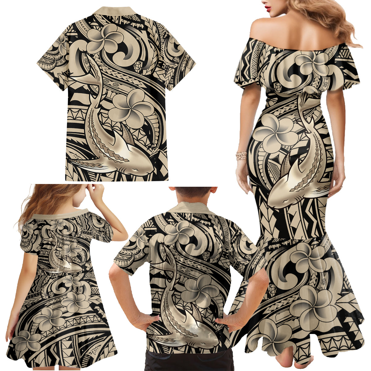 Polynesian Shark Tribal Tattoo Family Matching Mermaid Dress and Hawaiian Shirt Beige Style LT9 - Polynesian Pride