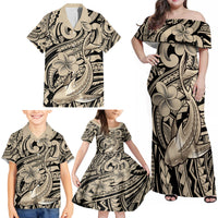 Polynesian Shark Tribal Tattoo Family Matching Off Shoulder Maxi Dress and Hawaiian Shirt Beige Style LT9 - Polynesian Pride