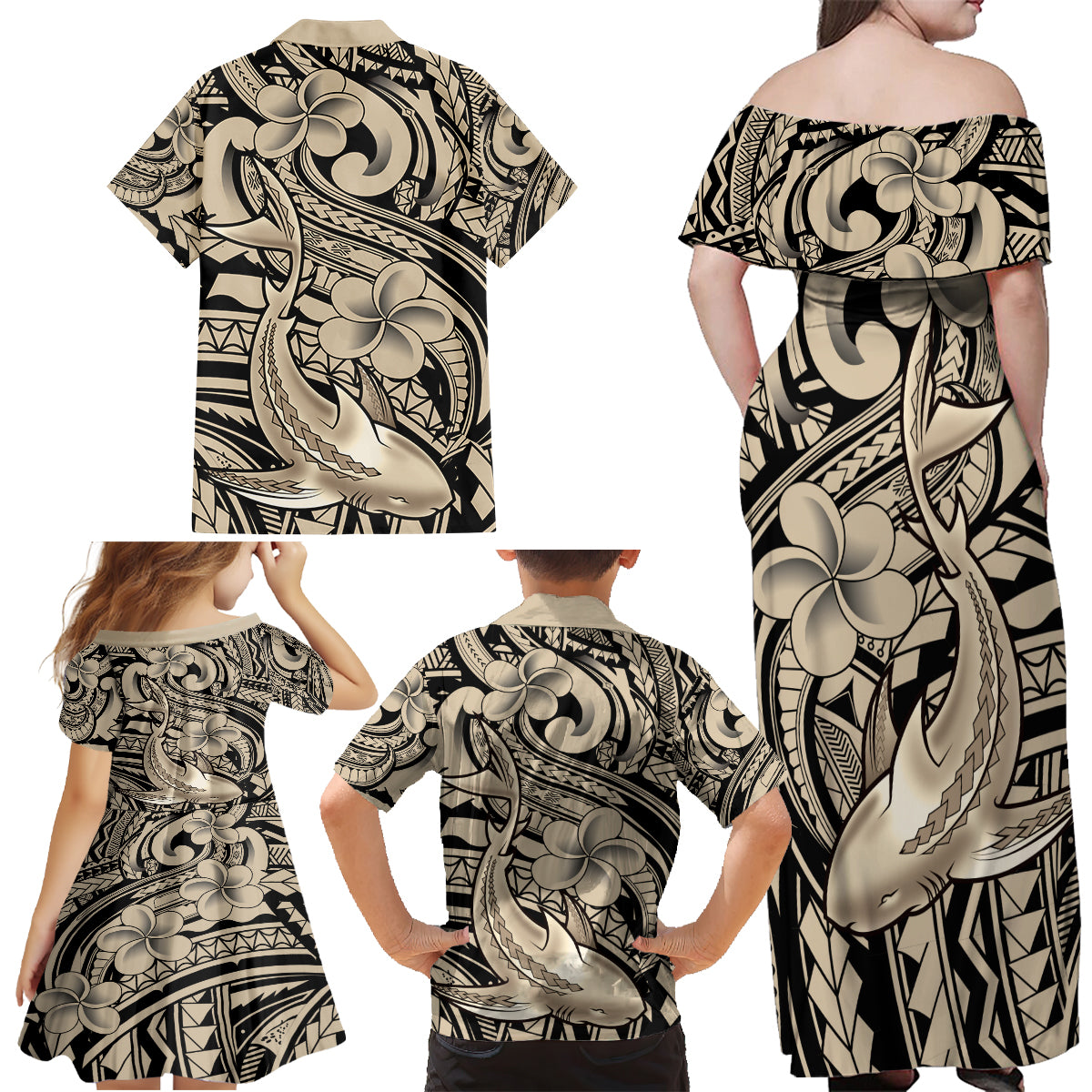 Polynesian Shark Tribal Tattoo Family Matching Off Shoulder Maxi Dress and Hawaiian Shirt Beige Style LT9 - Polynesian Pride