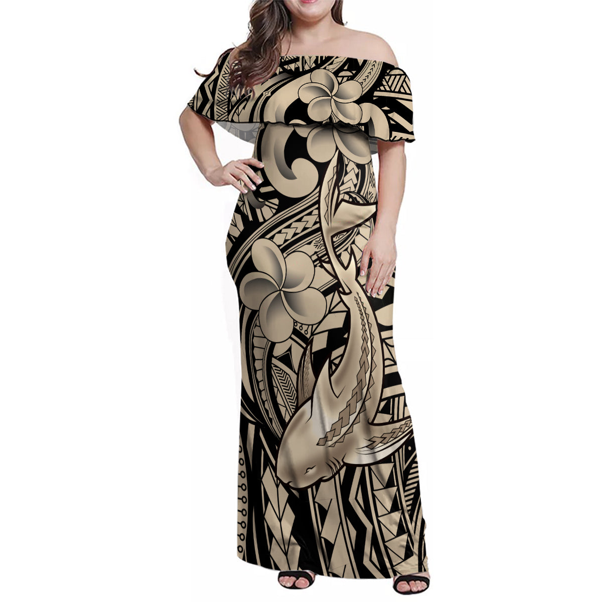 Polynesian Shark Tribal Tattoo Family Matching Off Shoulder Maxi Dress and Hawaiian Shirt Beige Style LT9 Mom's Dress Beige - Polynesian Pride