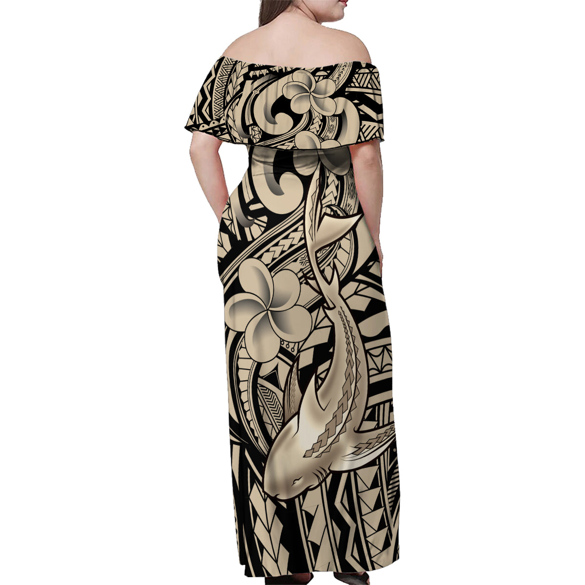 Polynesian Shark Tribal Tattoo Family Matching Off Shoulder Maxi Dress and Hawaiian Shirt Beige Style LT9 - Polynesian Pride