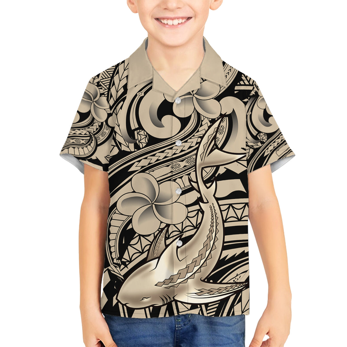 Polynesian Shark Tribal Tattoo Family Matching Off Shoulder Short Dress and Hawaiian Shirt Beige Style LT9 Son's Shirt Beige - Polynesian Pride