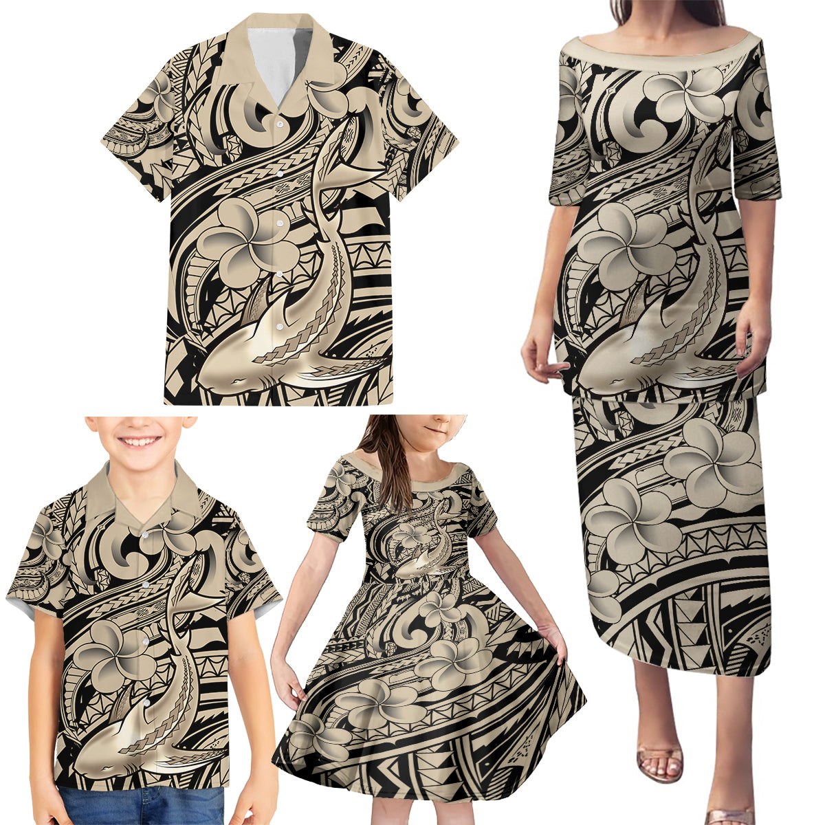 Polynesian Shark Tribal Tattoo Family Matching Puletasi and Hawaiian Shirt Beige Style LT9 - Polynesian Pride
