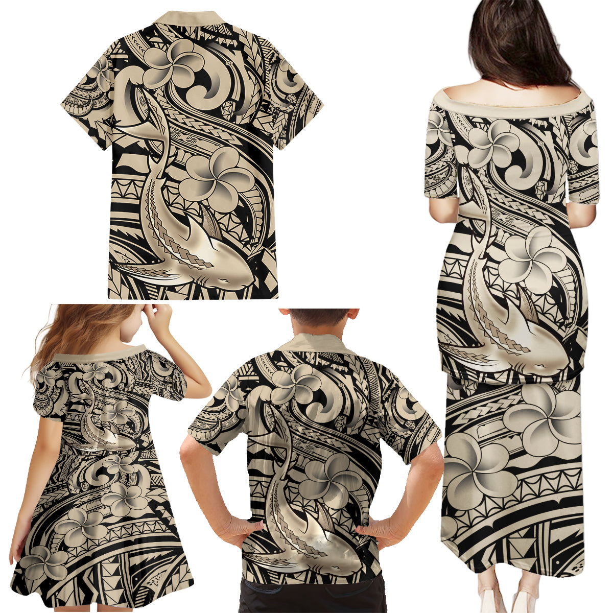 Polynesian Shark Tribal Tattoo Family Matching Puletasi and Hawaiian Shirt Beige Style LT9 - Polynesian Pride