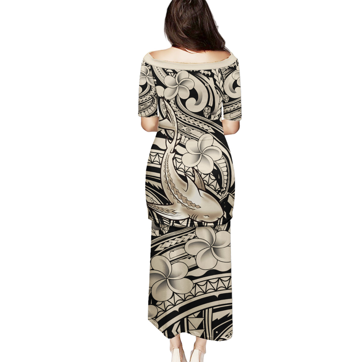 Polynesian Shark Tribal Tattoo Family Matching Puletasi and Hawaiian Shirt Beige Style LT9 - Polynesian Pride