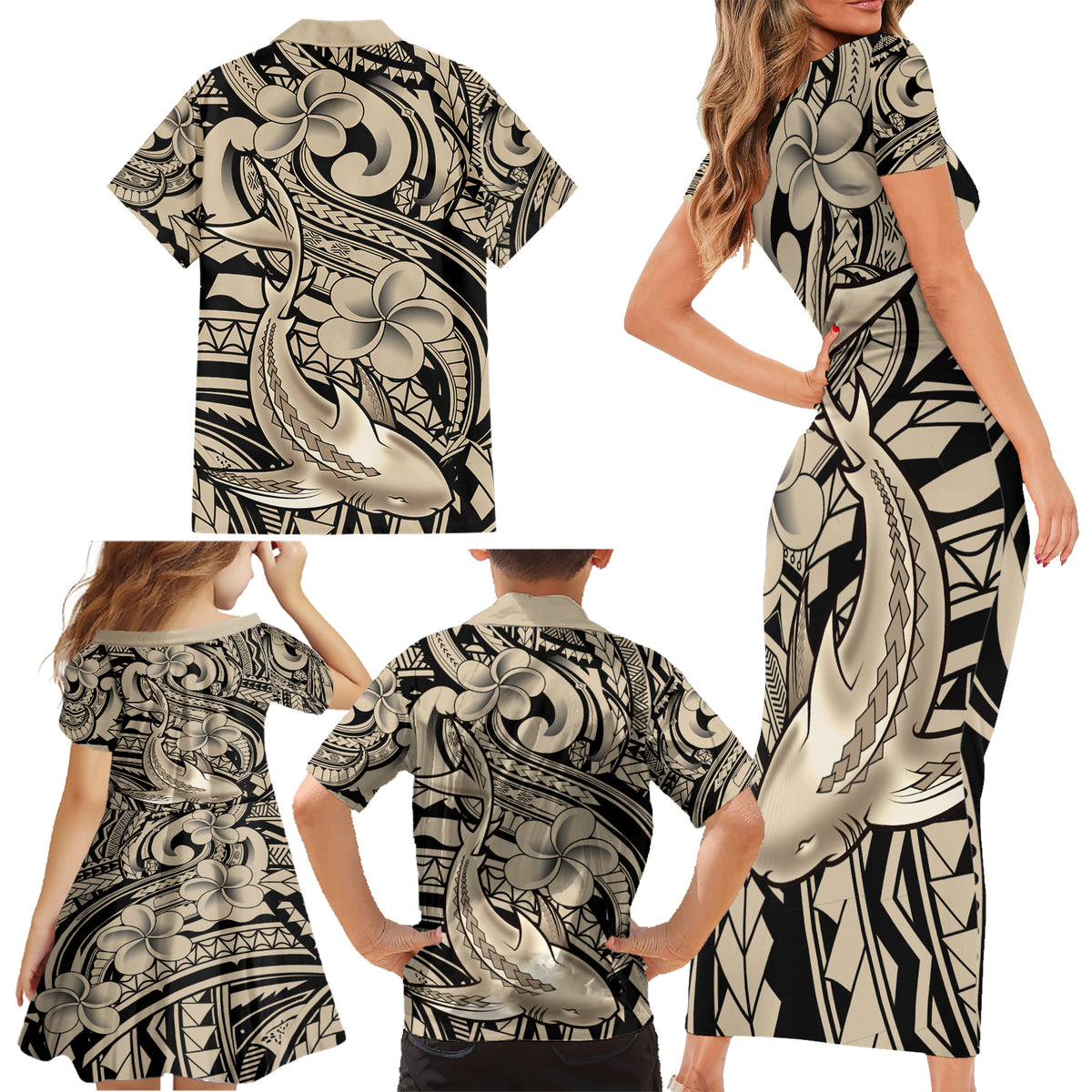 Polynesian Shark Tribal Tattoo Family Matching Short Sleeve Bodycon Dress and Hawaiian Shirt Beige Style LT9 - Polynesian Pride