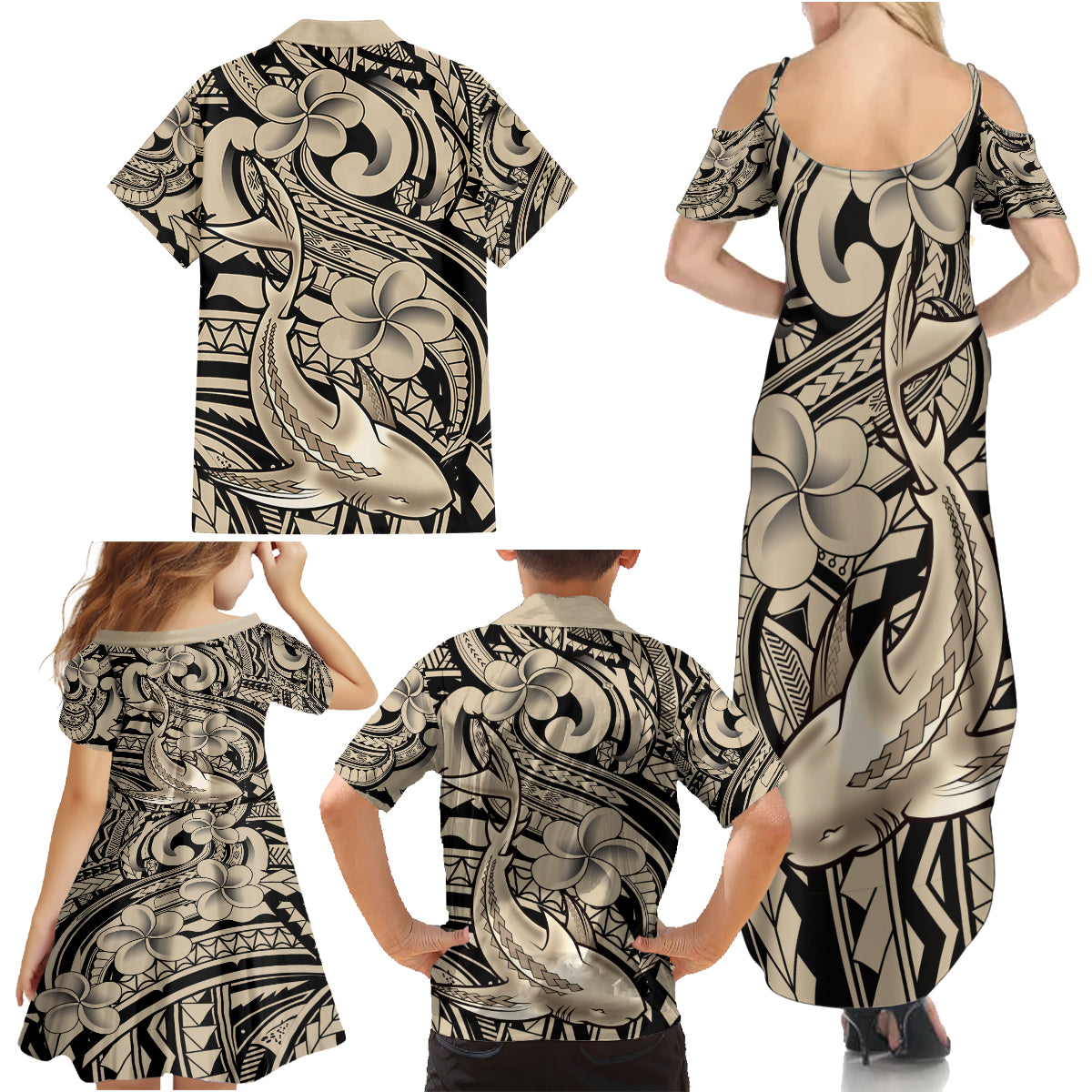 Polynesian Shark Tribal Tattoo Family Matching Summer Maxi Dress and Hawaiian Shirt Beige Style LT9 - Polynesian Pride
