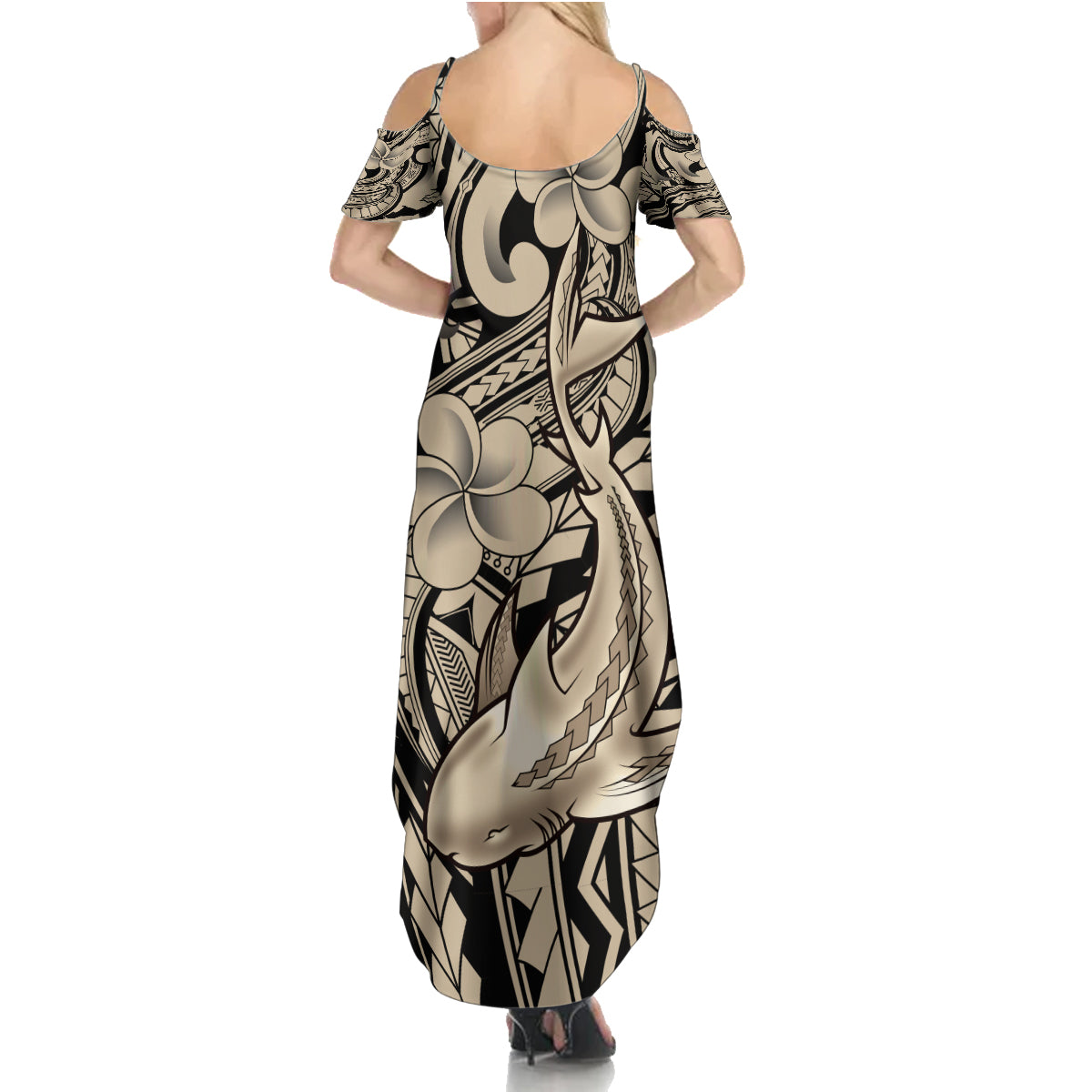 Polynesian Shark Tribal Tattoo Family Matching Summer Maxi Dress and Hawaiian Shirt Beige Style LT9 - Polynesian Pride