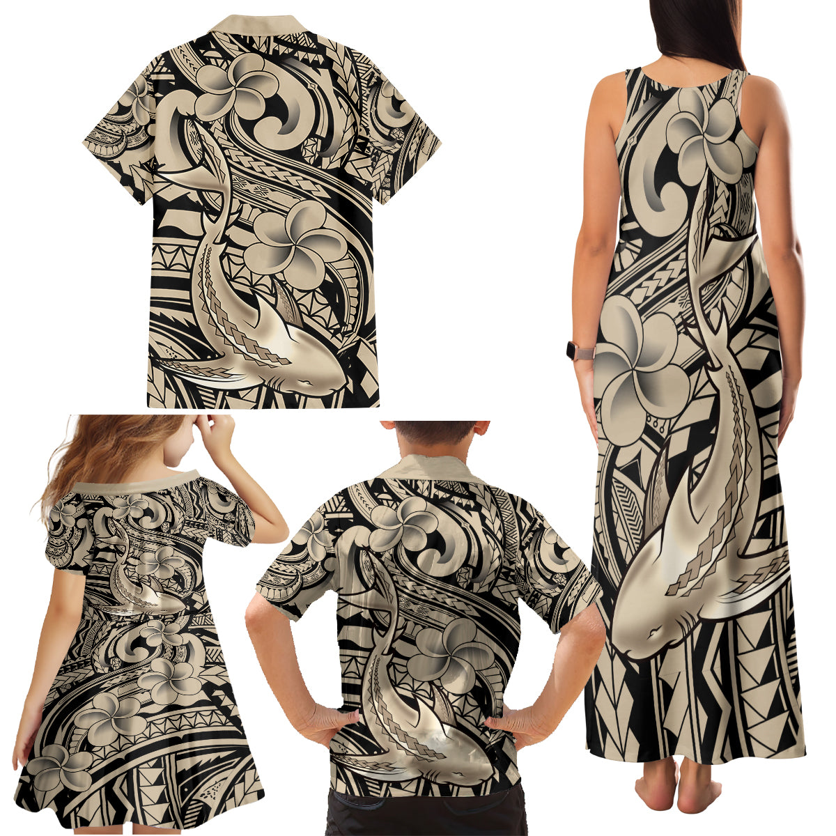 Polynesian Shark Tribal Tattoo Family Matching Tank Maxi Dress and Hawaiian Shirt Beige Style LT9 - Polynesian Pride