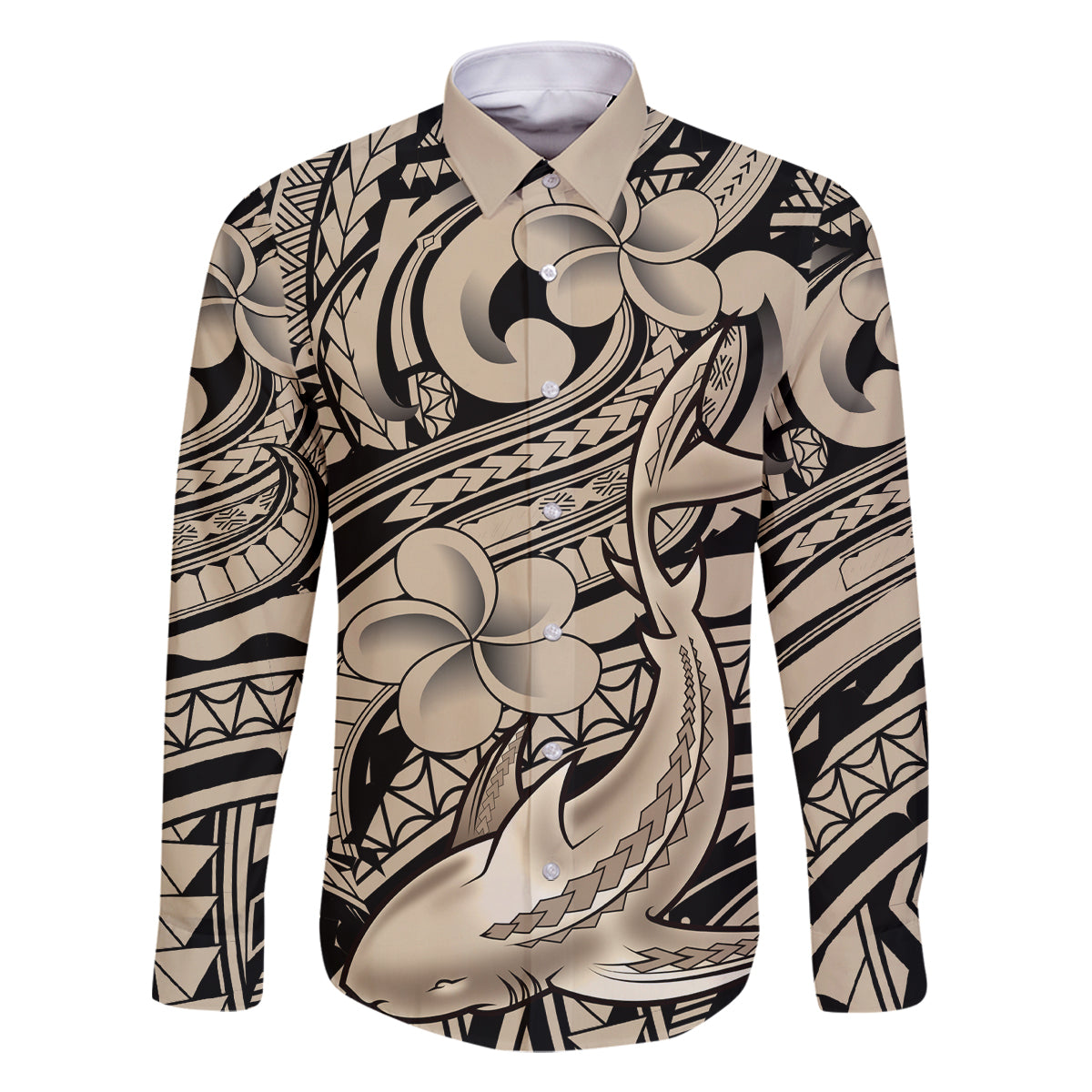 Polynesian Shark Tribal Tattoo Family Matching Tank Maxi Dress and Hawaiian Shirt Beige Style LT9 Dad's Shirt - Long Sleeve Beige - Polynesian Pride