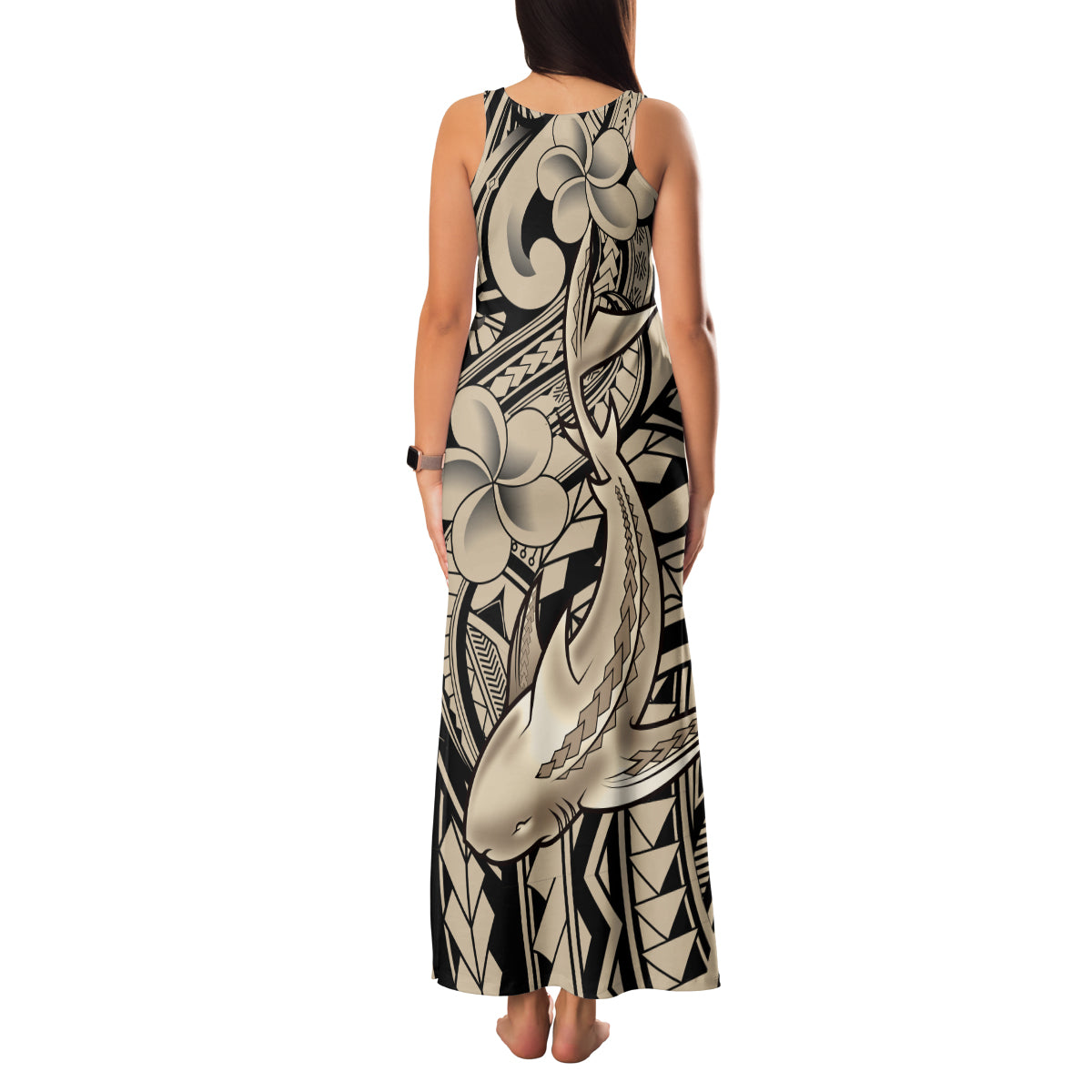 Polynesian Shark Tribal Tattoo Family Matching Tank Maxi Dress and Hawaiian Shirt Beige Style LT9 - Polynesian Pride