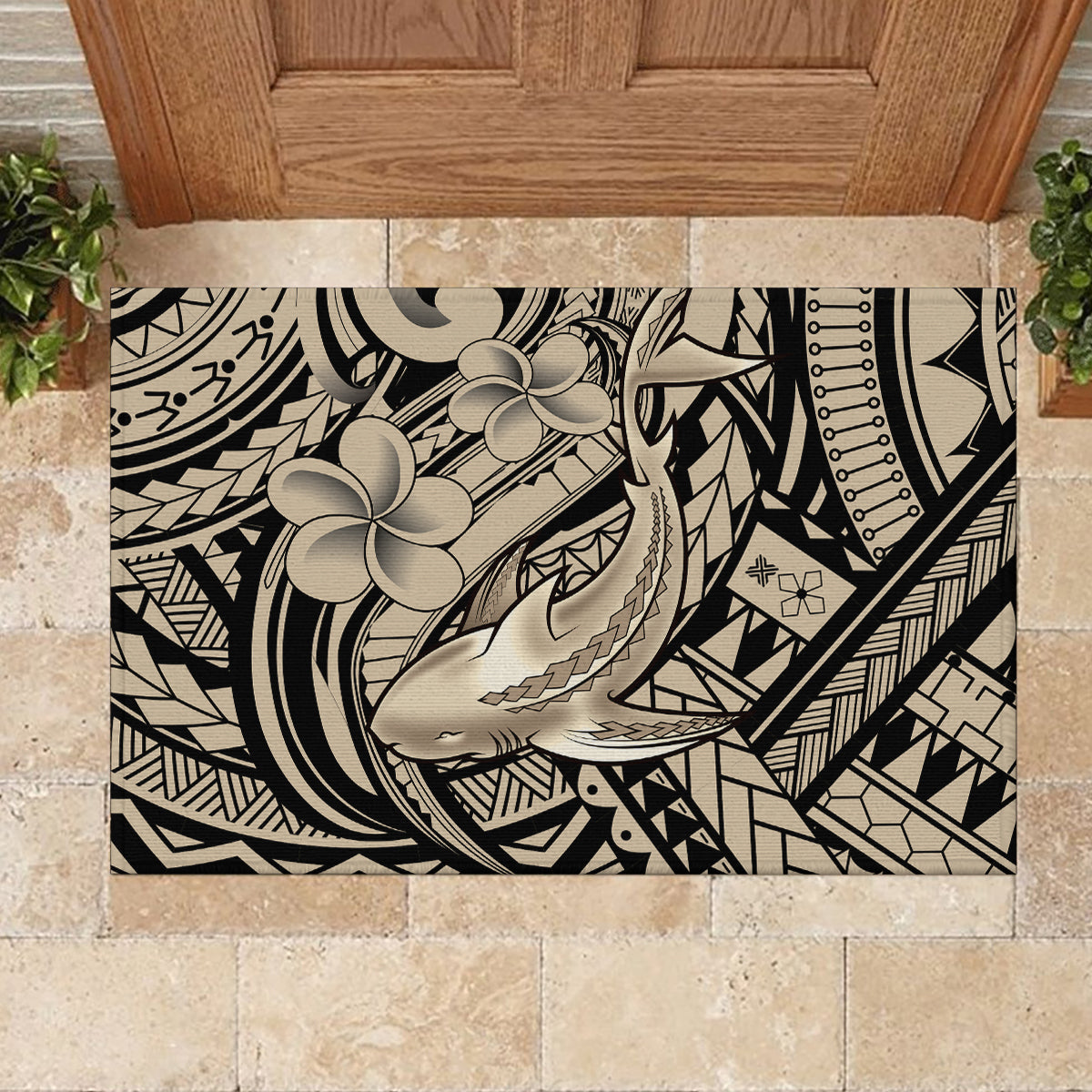Polynesian Shark Tribal Tattoo Rubber Doormat Beige Style