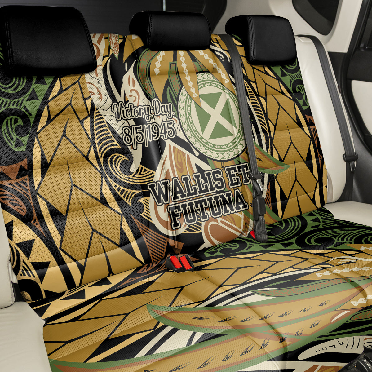 Wallis and Futuna Victory Day Back Car Seat Cover Since 1945 with Polynesian Platinum Floral Tribal LT9 - Polynesian Pride