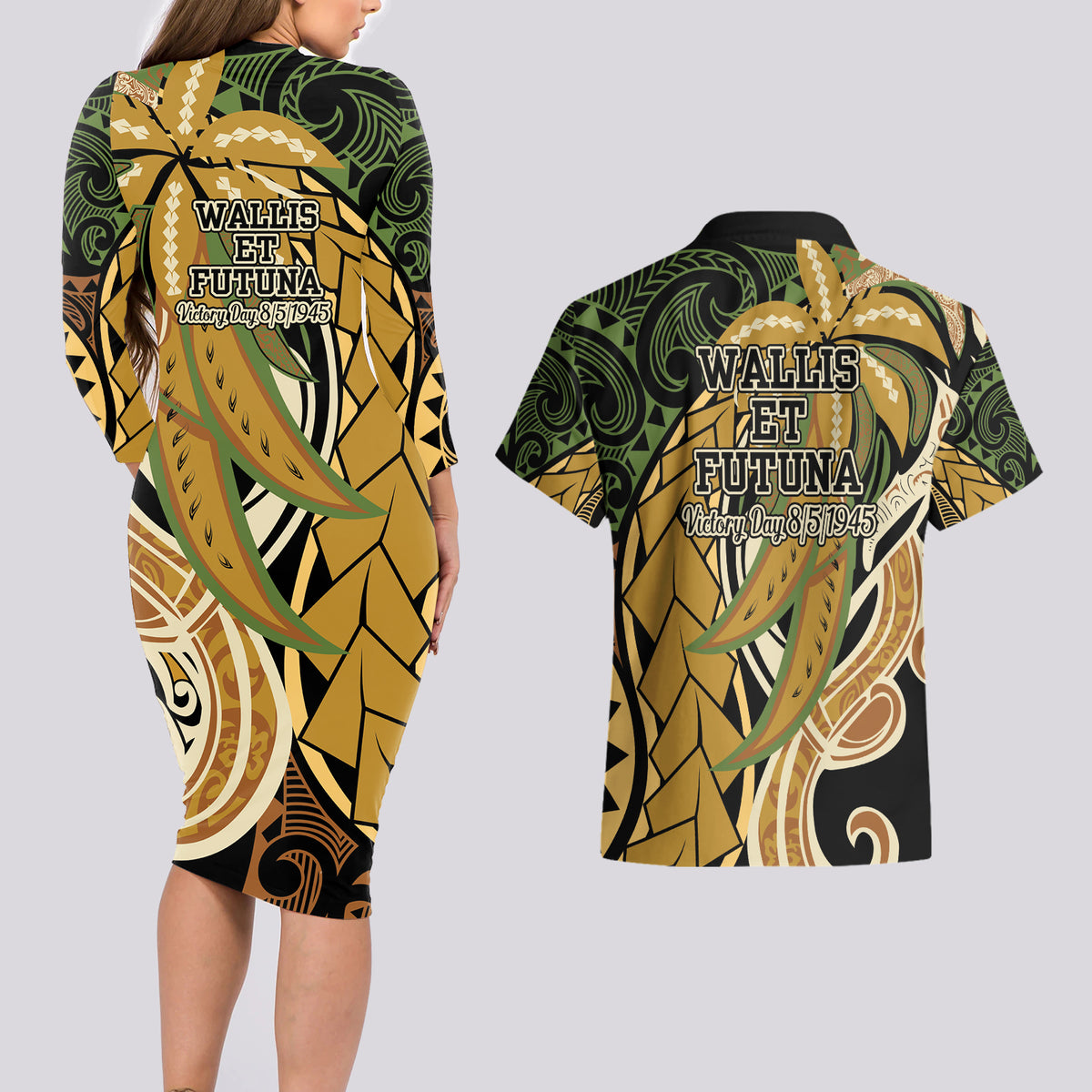 Wallis and Futuna Victory Day Couples Matching Long Sleeve Bodycon Dress and Hawaiian Shirt Since 1945 with Polynesian Platinum Floral Tribal LT9 - Polynesian Pride
