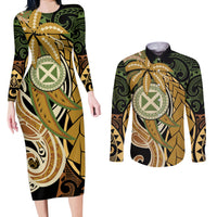 Wallis and Futuna Victory Day Couples Matching Long Sleeve Bodycon Dress and Long Sleeve Button Shirt Since 1945 with Polynesian Platinum Floral Tribal LT9 Red - Polynesian Pride